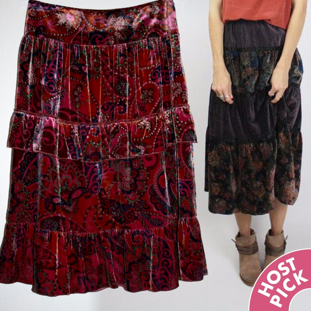 Boho Silk/Rayon Velvet Paisley Peasant Skirt EUC